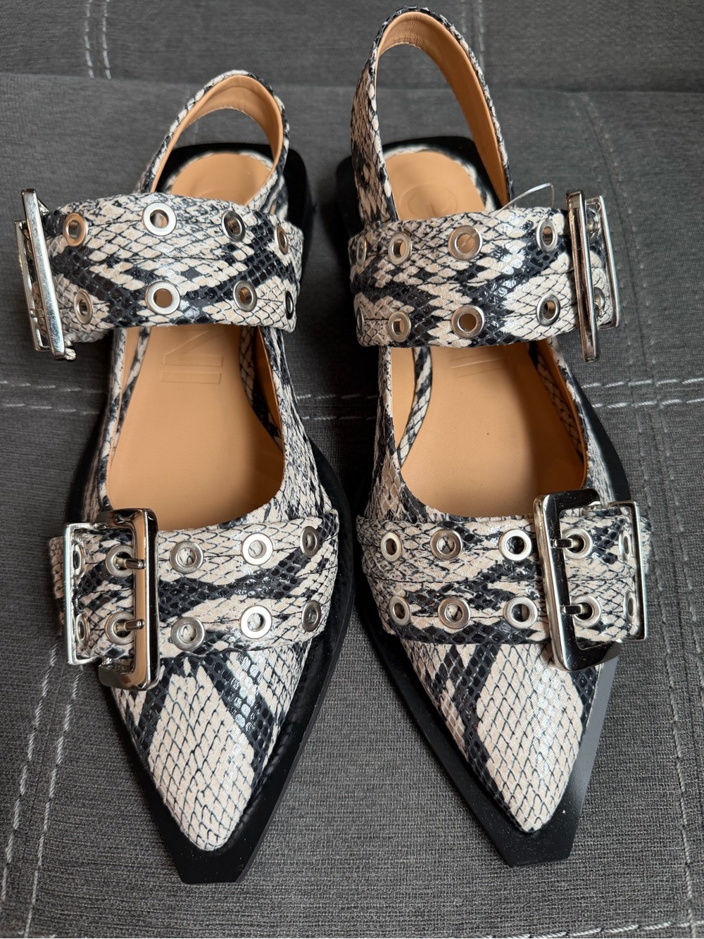 Brand New Pointed Snake-Print Ganni Slingback Flats in Black and White